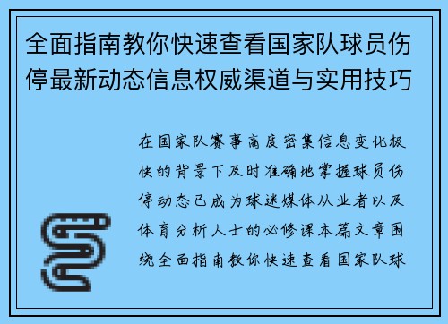 全面指南教你快速查看国家队球员伤停最新动态信息权威渠道与实用技巧